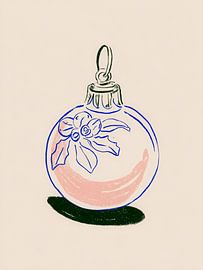 Minimalistische illustratie van een kerstbal met hulstblad en zachte pastelkleuren