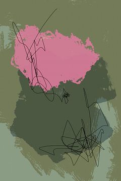 Moderne abstracte kunst. Vormen en lijnen in heldere kleuren. Roze, groen, olijfgroen.