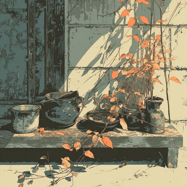 herfststilleven deurpotten schaduw oranje bladeren melancholisch van gm_designs