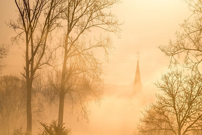 Brouillard sur l'eau avec vue sur l'église par Marcel Derweduwen