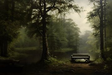 Grüne Oase: Sitzvergnügen in einem herbstlichen Wald am See. von Karina Brouwer