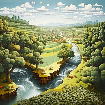 landschap rivier vallei heuvels bomen surrealistische bossen dieren fantasie van gm_designs