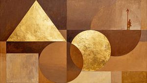 Abstrakte Malerei in Gold und Braun mit Saxophonist unter Laterne