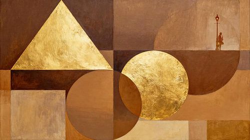 Abstract painting in gold and brown with saxophonist under lantern by Arjen Roos