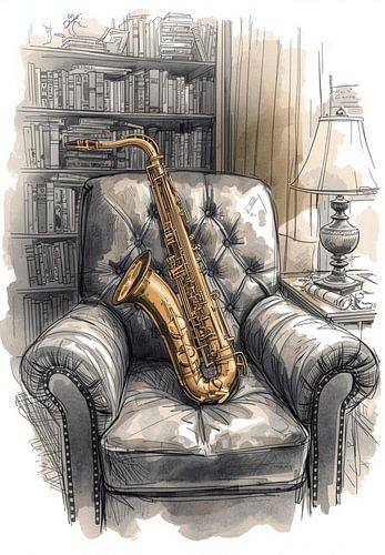 Ein Vintage-Saxophon auf einem Sessel mit gepolstertem Lederbezug