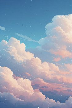 Ethereal Starry Cloudscape Art - Dreamy Pink and Blue Sunset Clouds Wall Art for Modern Home Decor