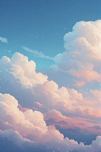 Ethereal Starry Cloudscape Art - Dreamy Pink and Blue Sunset Clouds Wall Art for Modern Home Decor