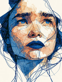 Résumé : Portrait de femme en aquarelle bleue – Dessin au trait moderne comme décoration murale de luxe sur SPEQ ART