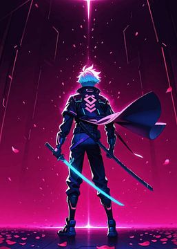 Mannelijke anime krijger kijkt omhoog naar de hemel in neontint en vallende bloemblaadjes van MIROKKU