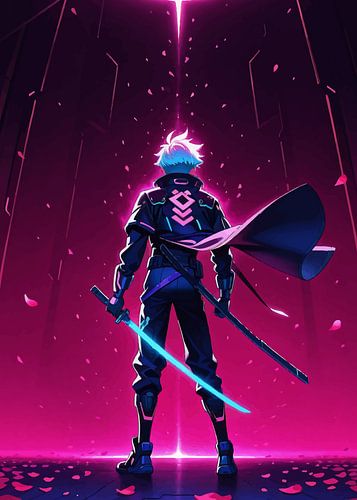 Mannelijke anime krijger kijkt omhoog naar de hemel in neontint en vallende bloemblaadjes