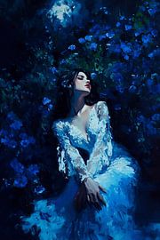 Femme rêveuse dans une mer de fleurs nocturne sur NJ Midnight Studio