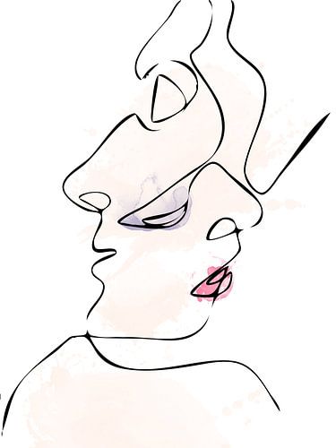 Lijntekening Gezichten van twee Geliefde met Waterverf