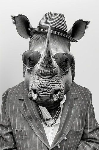 Rhinocéros avec chapeau et lunettes de soleil, noir et blanc