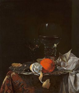 Stilleven met fruit en wijnglazen op een zilveren schaal, Willem Kalf