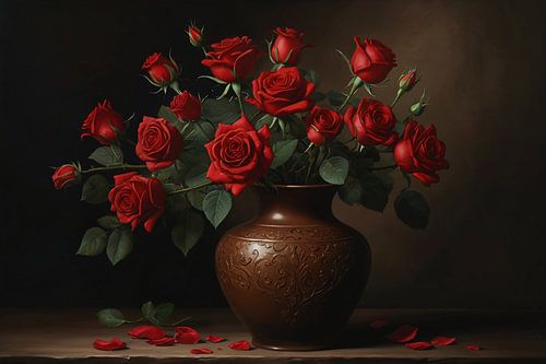 Red roses in brown vase by Art & Soul Creations