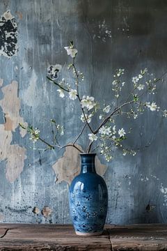 Still Life of Blue Vase on Old Wooden Table