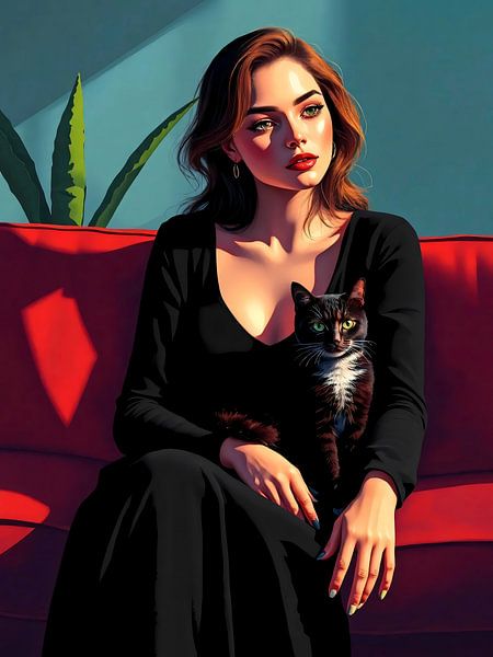 Schönheit und Katze auf dem roten Sofa von A.D. Digital ART
