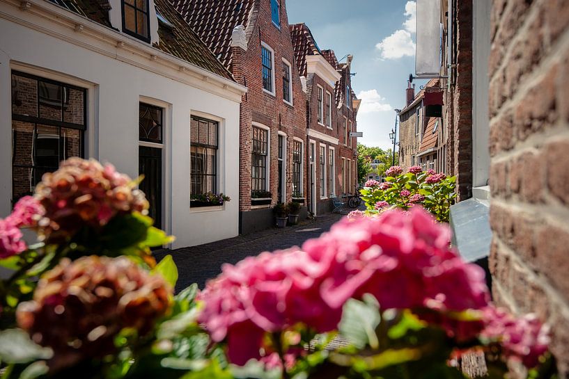Schmale Straße mit niederländischen Giebelhäusern in der Altstadt von Fotografiecor .nl