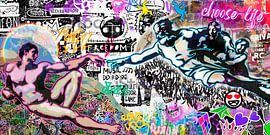 Living room decoration: Pop Art canvas inspired by Michelangelo’s ‘The Creation of Adam’ – modern wall art with an urban graffiti style by Julie M art