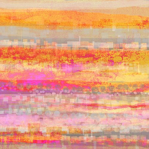 geometrisch landschap oranje roze geel