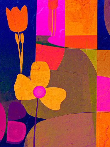 Pop art abstrait et expressif avec des tulipes et des aplats de couleurs vives