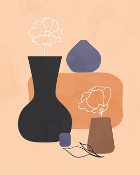 Stilleben mit zwei Blumen und drei Vasen