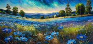 Schönes Panorama eines weiten Feldes blauer Blumen in leuchtenden Farben