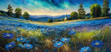 Magnifique panorama d'un vaste champ de fleurs bleues aux couleurs éclatantes sur Patricia Hofmeester