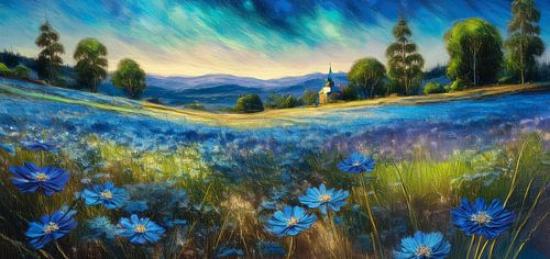 Prachtig panorama van een weids veld met blauwe bloemen in levendige kleuren