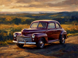 Burgundy Ford Super Deluxe at Sunset by Jan Keteleer