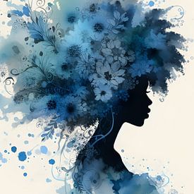 Femme africaine avec des fleurs bleues aquarelle sur Jessica Berendsen