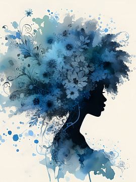 Afrikaanse vrouw met blauwe bloemen aquarel