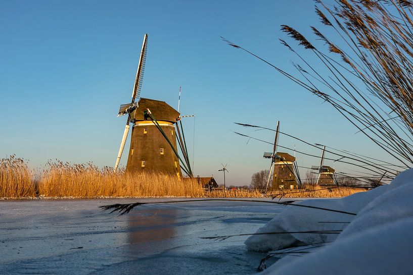 Niederländische Winterlandschaft. Die 3 schönen Windmühlen von Stompwijk, ein zugefrorener Graben, S von Jaap van den Berg