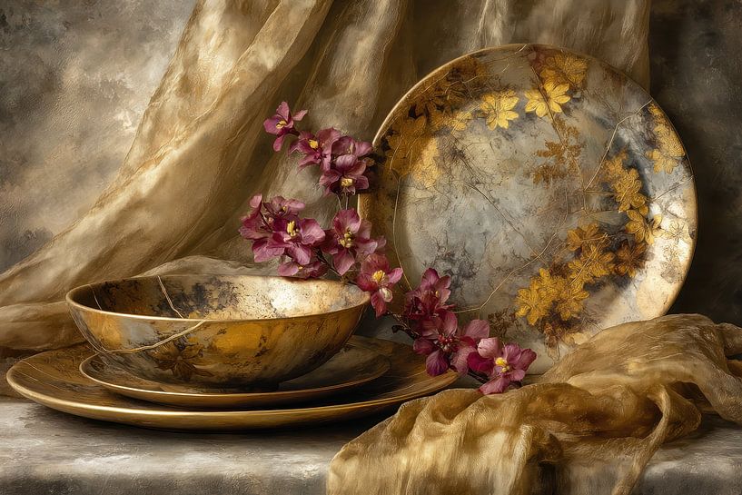 Kintsugi Geschirr Stilleben - Elegante Luxusmalerei von Joriali Fotografie und Gemälde