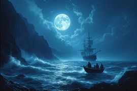 Moonlit Stormy Sea with Boats – Cinematic Night Ocean Painting of Mystery and Adventure by Kimita Jennaira