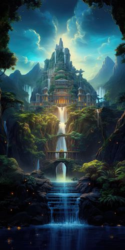 Digitaal gecreëerde tropische fantasie en surrealistisch landschap