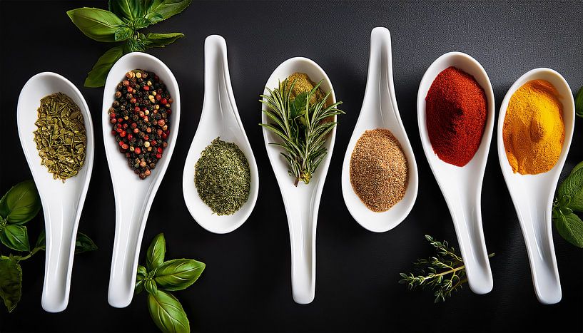 Verschiedene Gewürze mit Hintergrund Schwarz von Mustafa Kurnaz