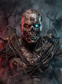 Cybernetic Zombie Cyborg Glowing Red and Cyan Optics Post-Apocalyptic Graphic Design by Riswan Ratta