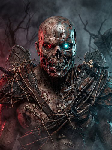 Kybernetischer Zombie-Cyborg mit rot und cyan leuchtenden Augen – postapokalyptisches Grafikdesign
