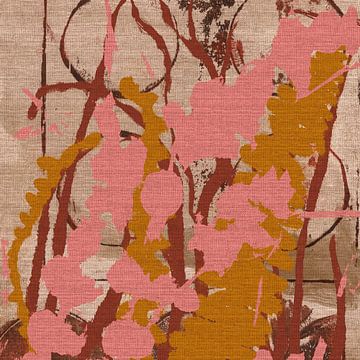 Kleurrijk wandtapijt. Roze bloemen en okerkleurige varenbladeren. van Dina Dankers