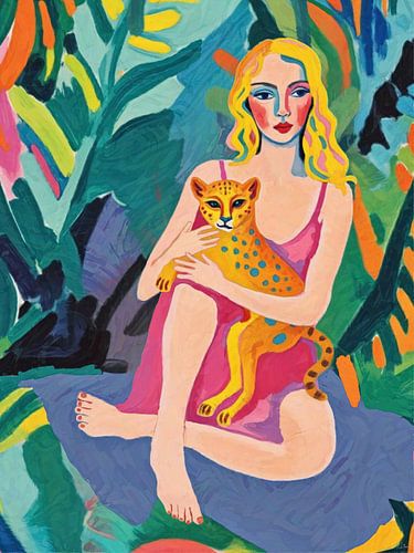 Bunte Pop Art Frau mit Gepard im Dschungel, lebendige moderne Malerei