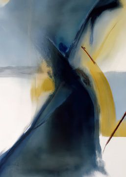 Modern abstract in donkerblauw en okergeel van Studio Allee