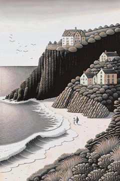 Kliffen met huizen, strand en zee, Ierland van Anna Marie de Klerk