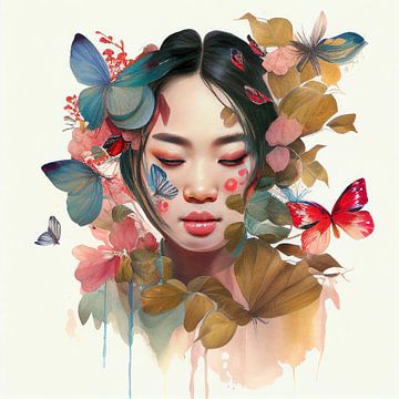 Watercolor Floral Asian Woman #9 by Chromatic Fusion Studio