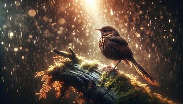Magische regen: een vogel onder een fonkelende hemel van artefacti