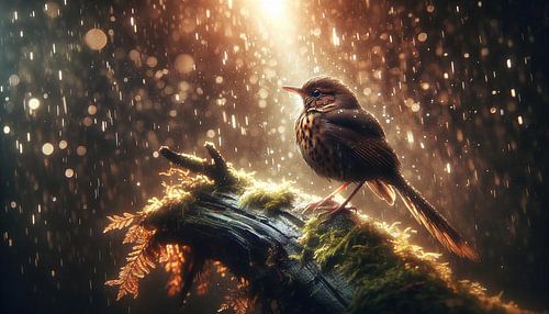 Magische regen: een vogel onder een fonkelende hemel
