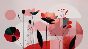 Gemischte Medienkunst. Botanische Formen in Schwarz, Terrakotta und Rosa