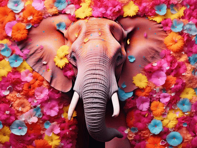 Bloemenexplosie met Olifant | bloemen | kleurrijk van Eva Lee