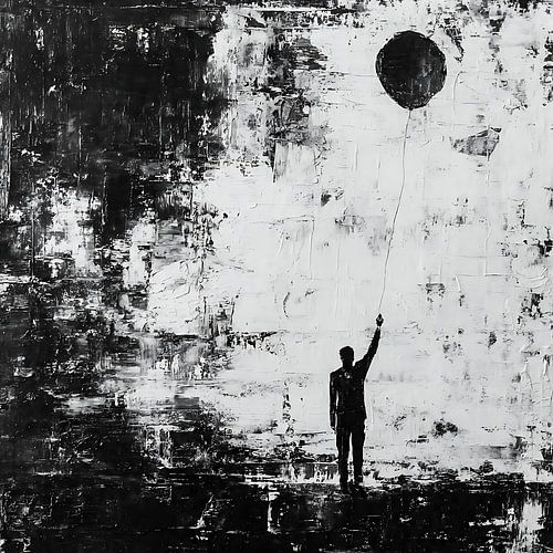Peinture artistique sur acrylique représentant une figure humaine abstraite, expressive et texturée, avec un ballon en relief
