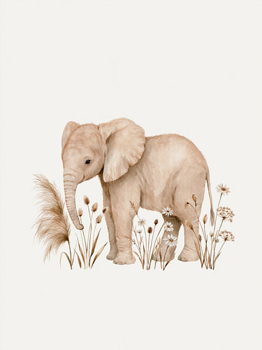 Elefantenbaby mit Wildblumen – Safari-Kinderzimmer